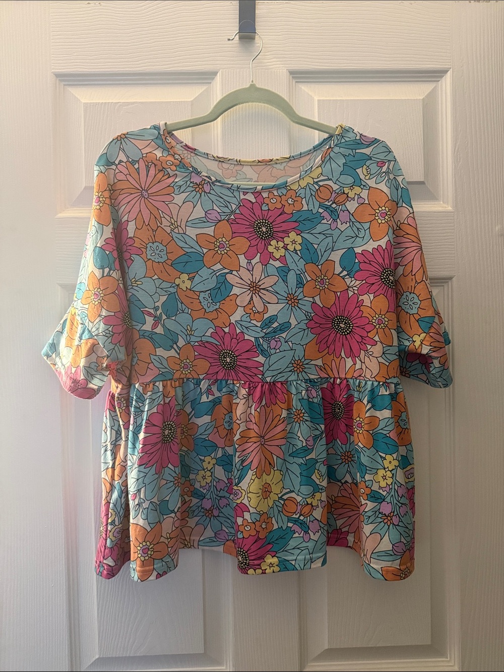 Floral Peplum Top in Aqua, Pink & Orange